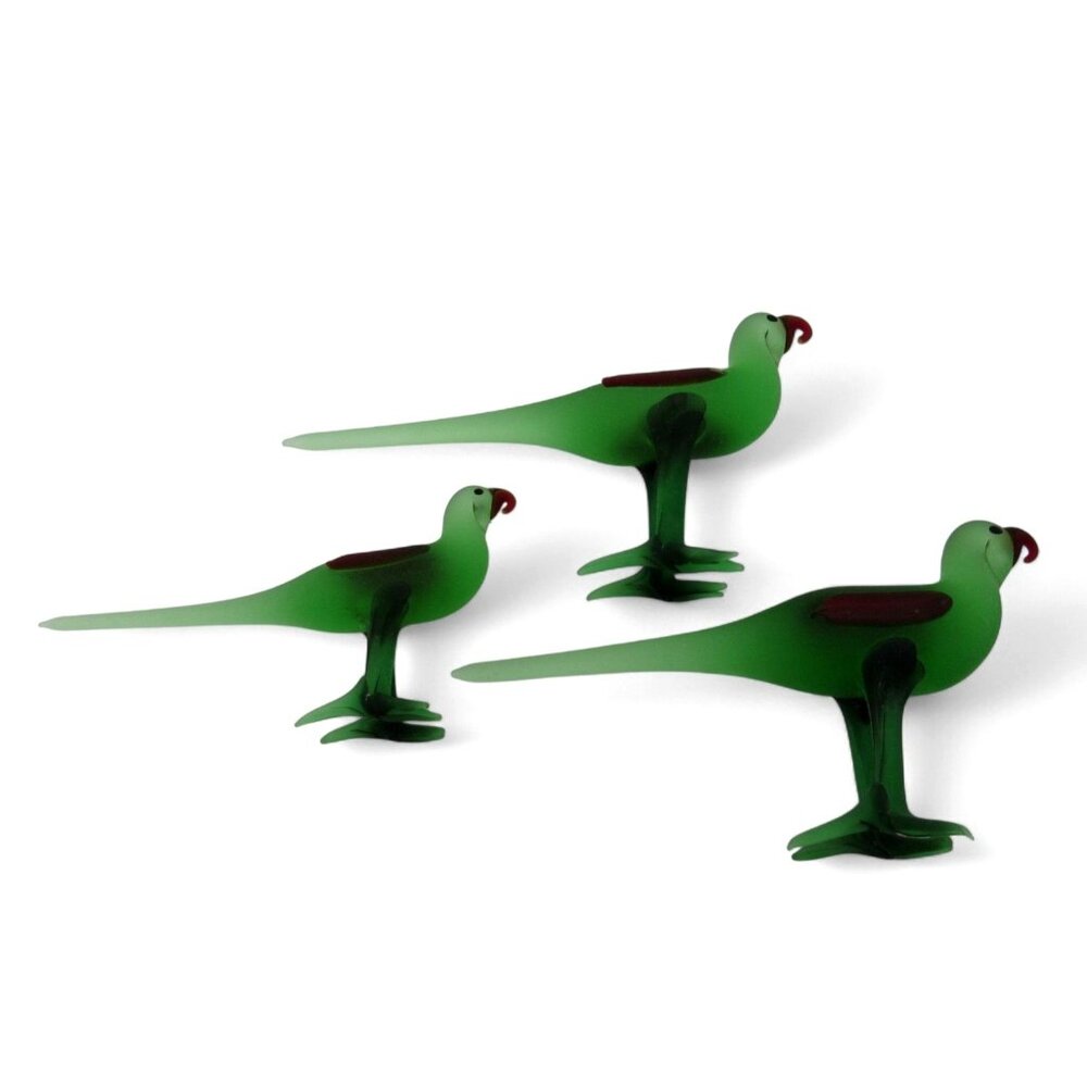 GLASS PARROT Figurine Set Of 3 Miniature Green and Red Birds